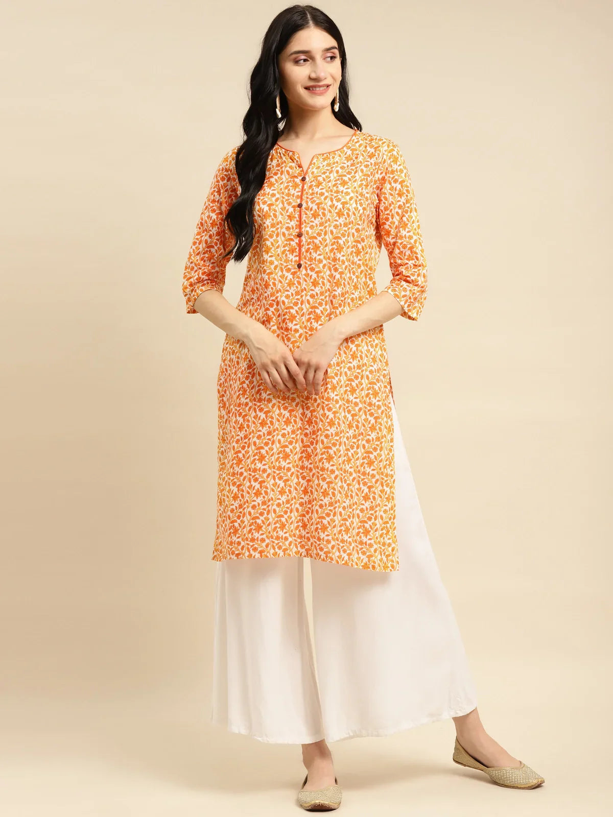 100% Cotton Floral Printed Knee Length Straight Kurta