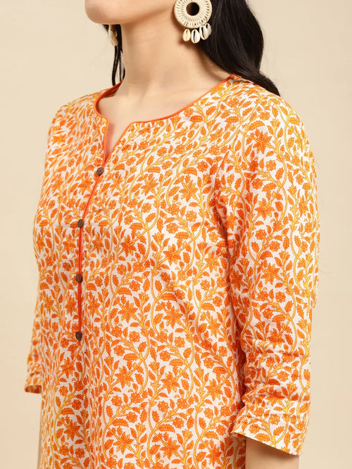 100% Cotton Floral Printed Knee Length Straight Kurta