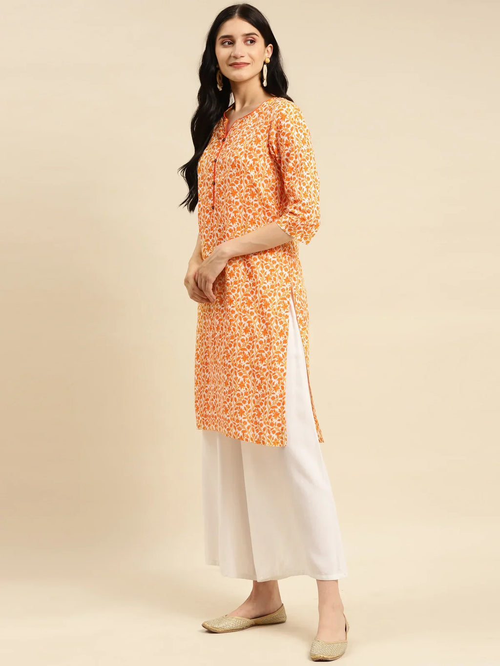 100% Cotton Floral Printed Knee Length Straight Kurta