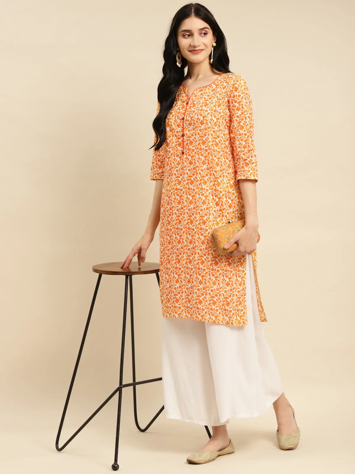 100% Cotton Floral Printed Knee Length Straight Kurta