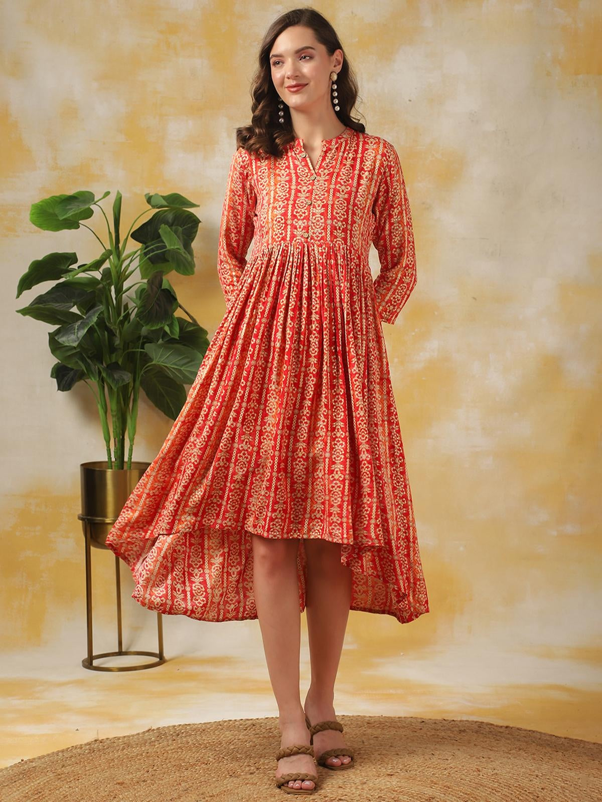 Rayon Printed Asymmetric Calf Length Ethnic Dress