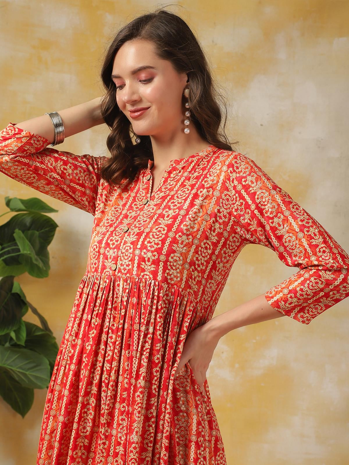 Rayon Printed Asymmetric Calf Length Ethnic Dress
