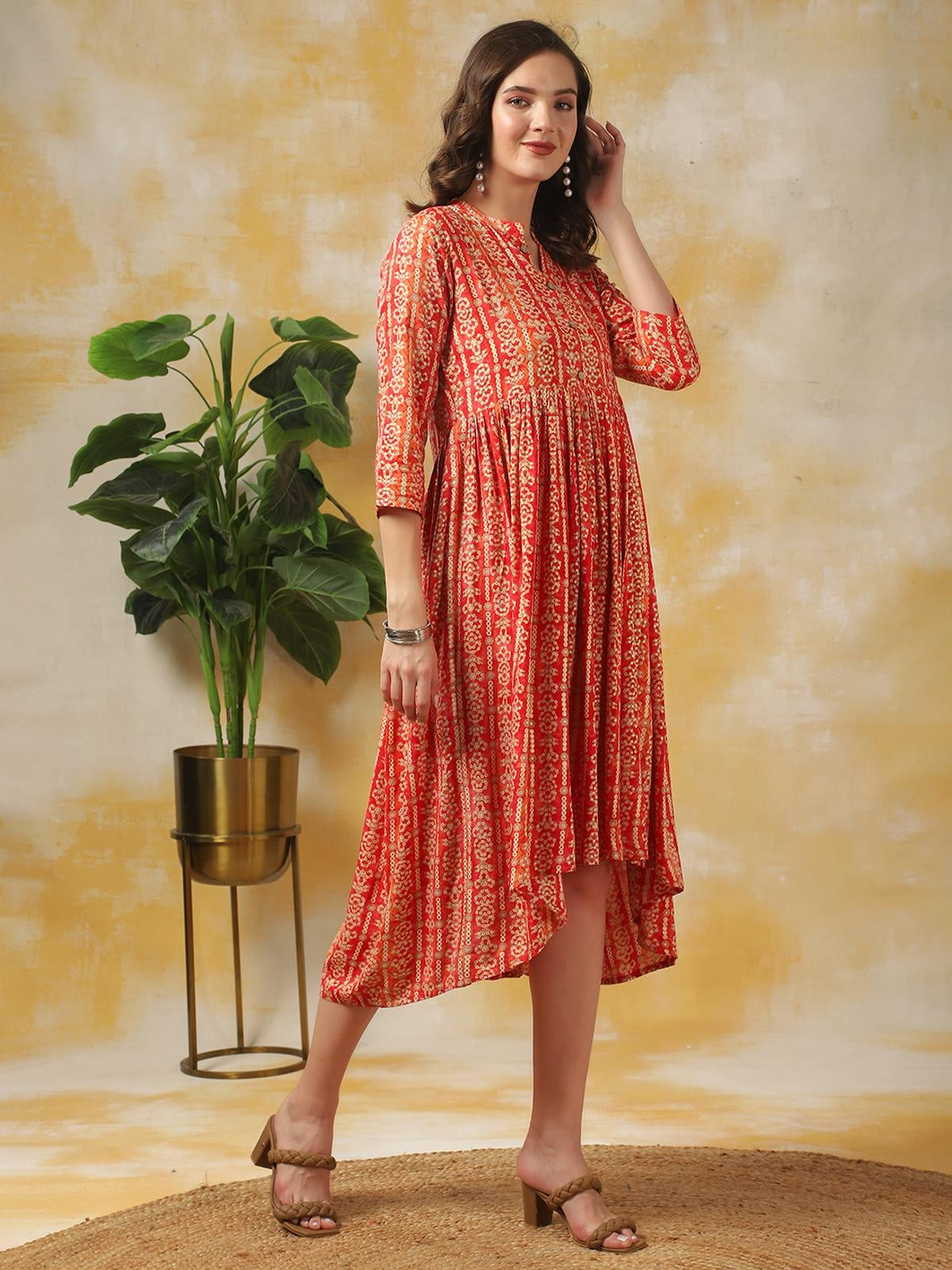Rayon Printed Asymmetric Calf Length Ethnic Dress