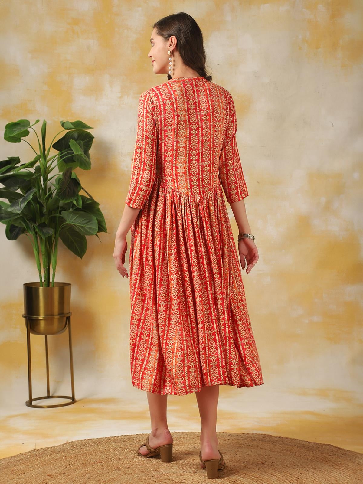 Rayon Printed Asymmetric Calf Length Ethnic Dress