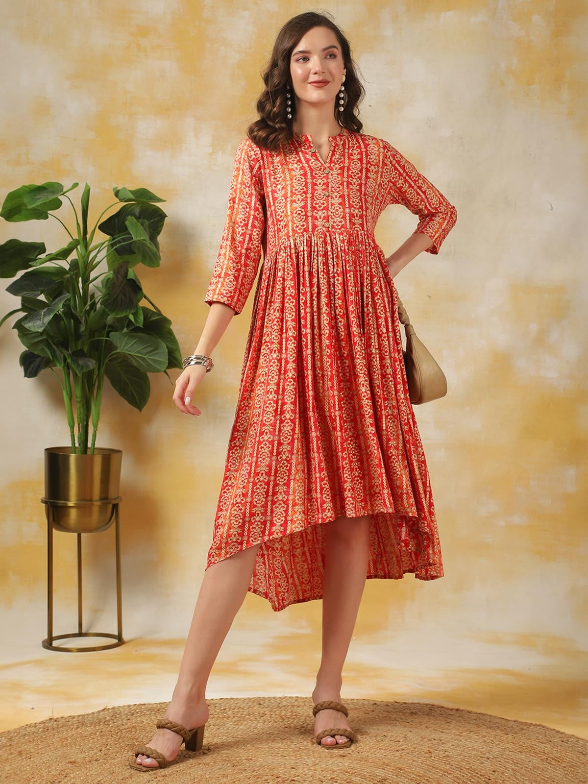 Rayon Printed Asymmetric Calf Length Ethnic Dress