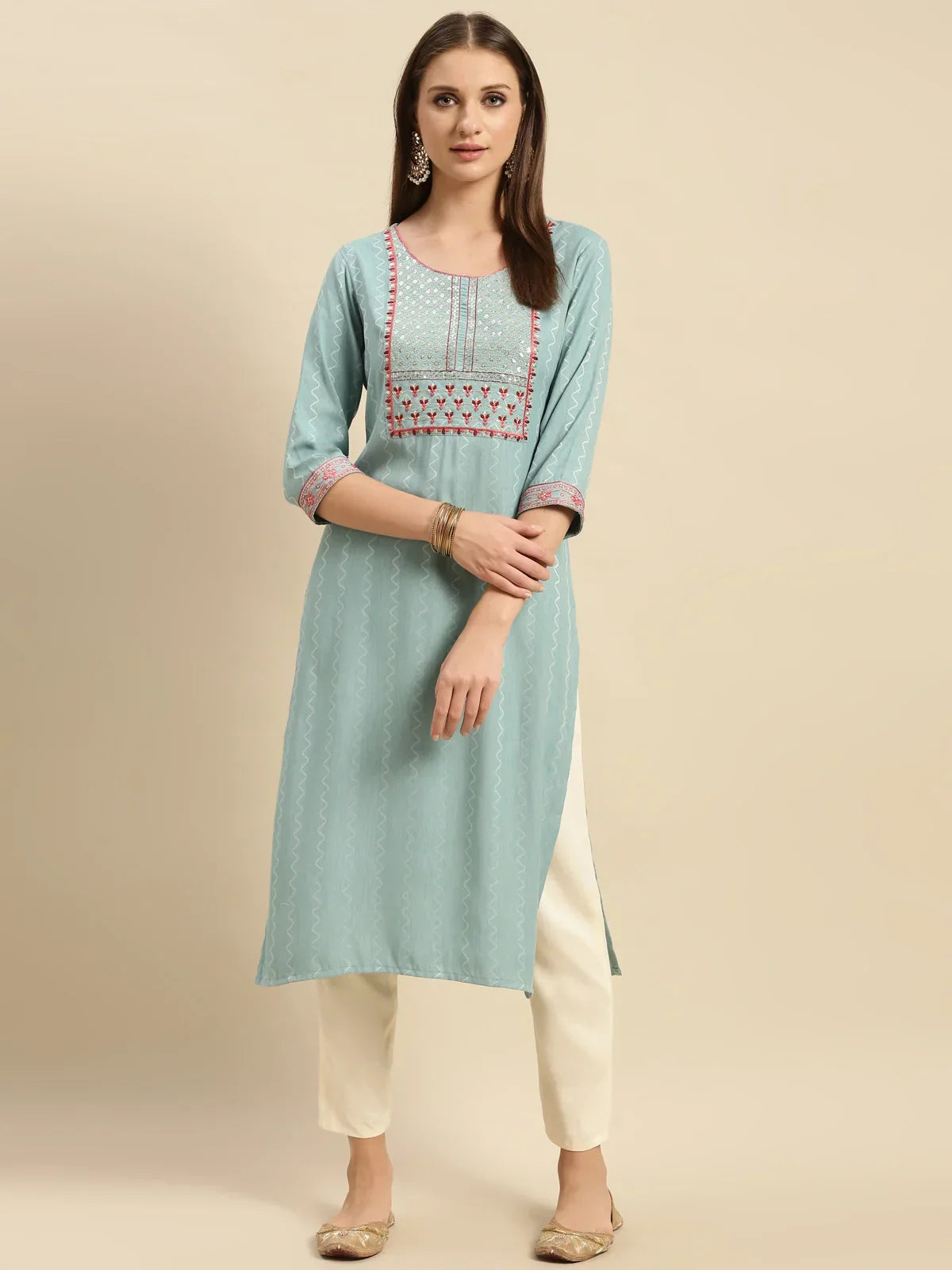 Viscose Blend Yoke Embroidered Calf Length Partywear Straight Kurta