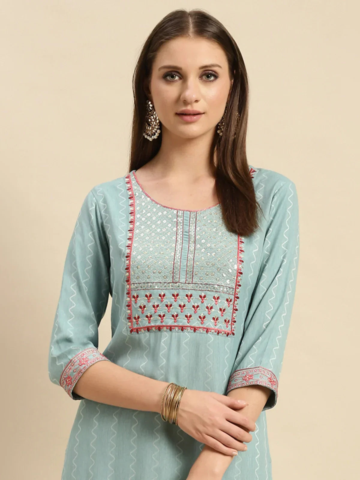 Viscose Blend Yoke Embroidered Calf Length Partywear Straight Kurta