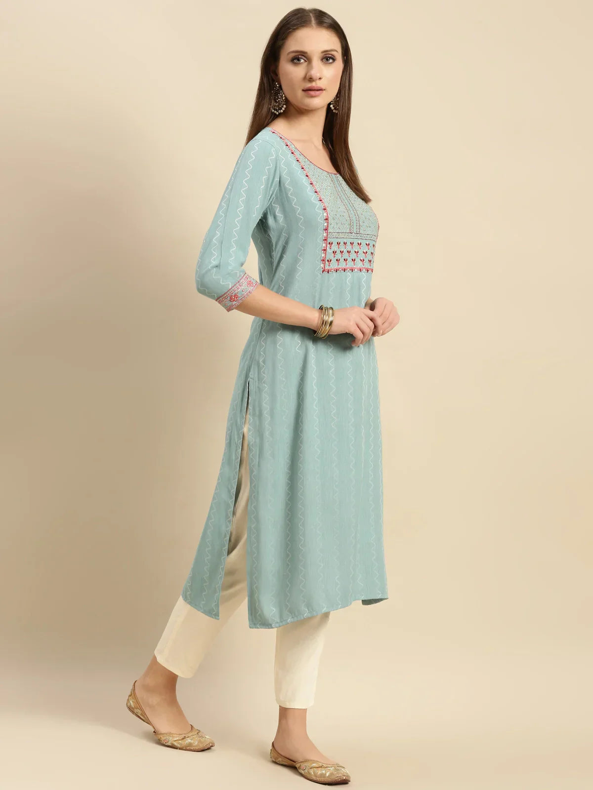 Viscose Blend Yoke Embroidered Calf Length Partywear Straight Kurta