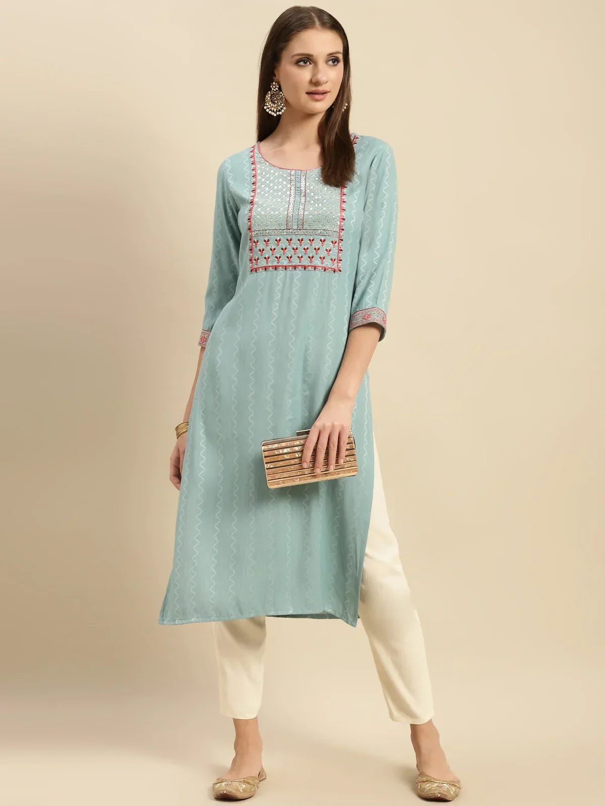 Viscose Blend Yoke Embroidered Calf Length Partywear Straight Kurta