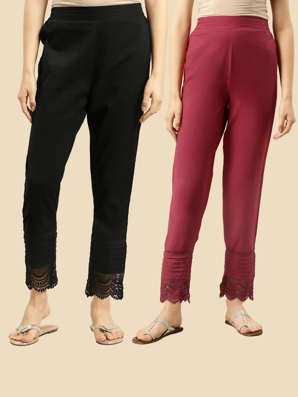 100% Cotton Solid Calf Length Straight Pants (Pack of 2)