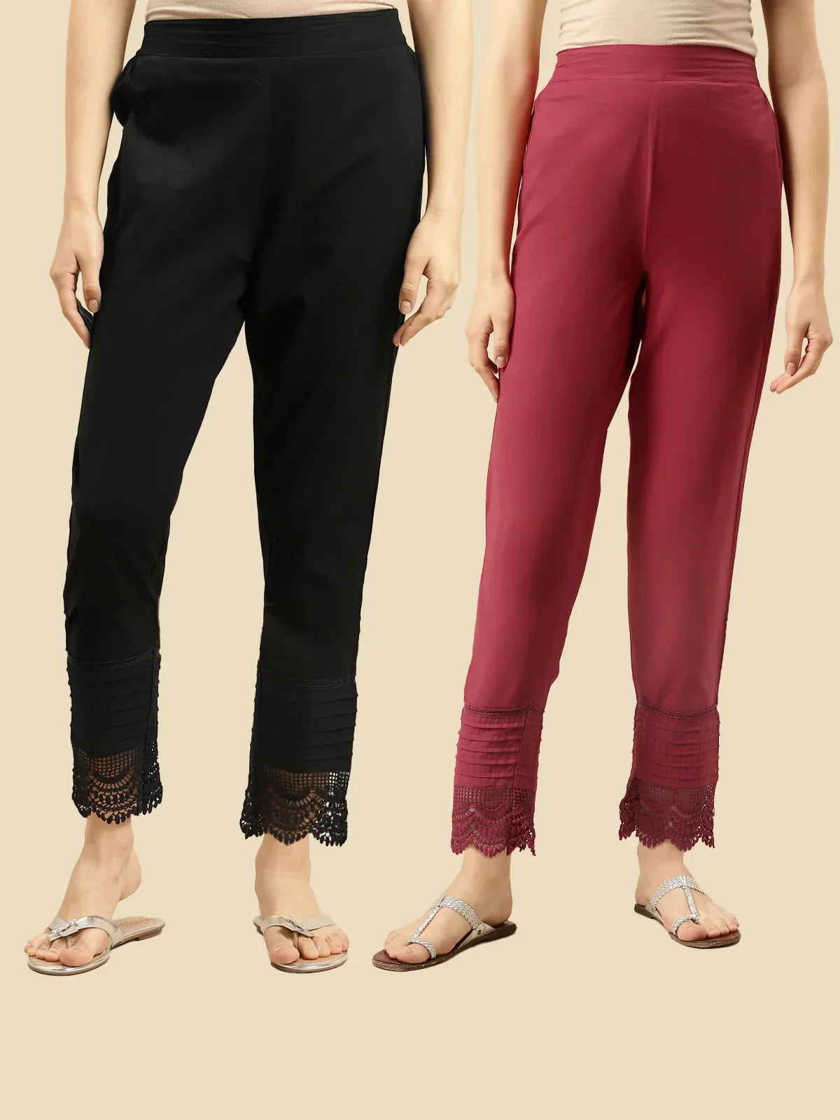 100% Cotton Solid Calf Length Straight Pants (Pack of 2)