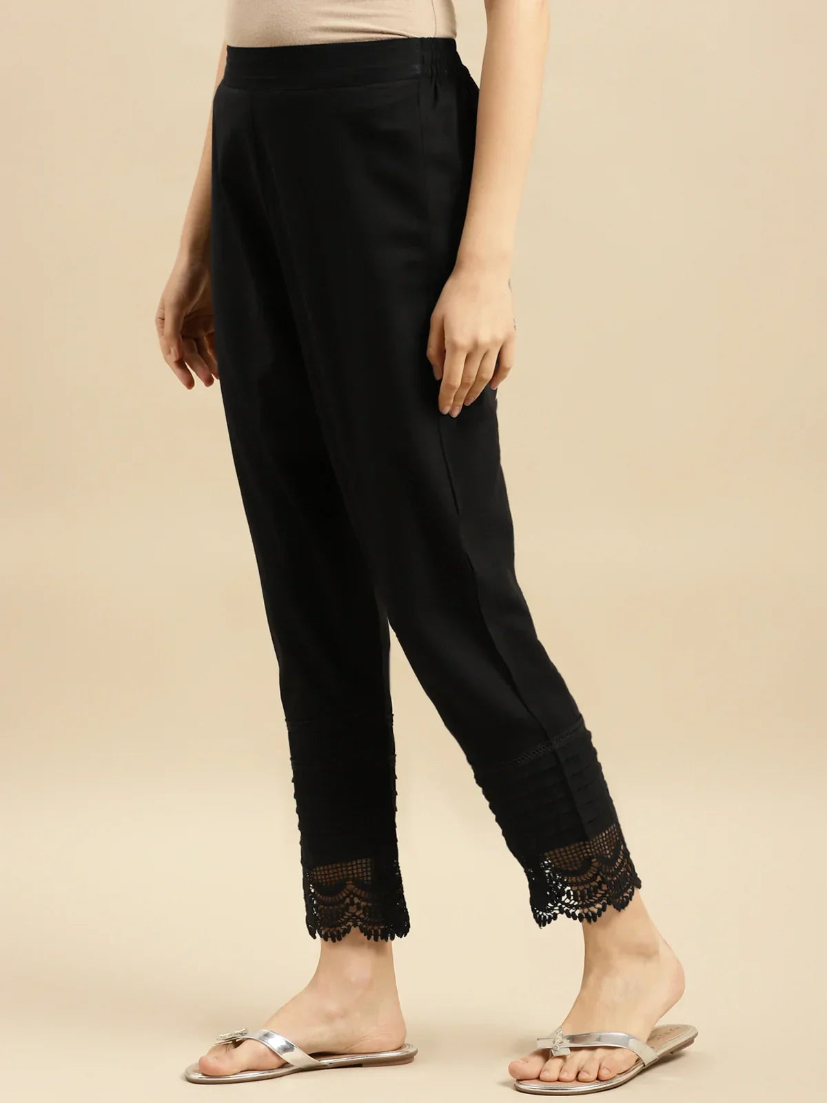 100% Cotton Solid Calf Length Straight Pants (Pack of 2)