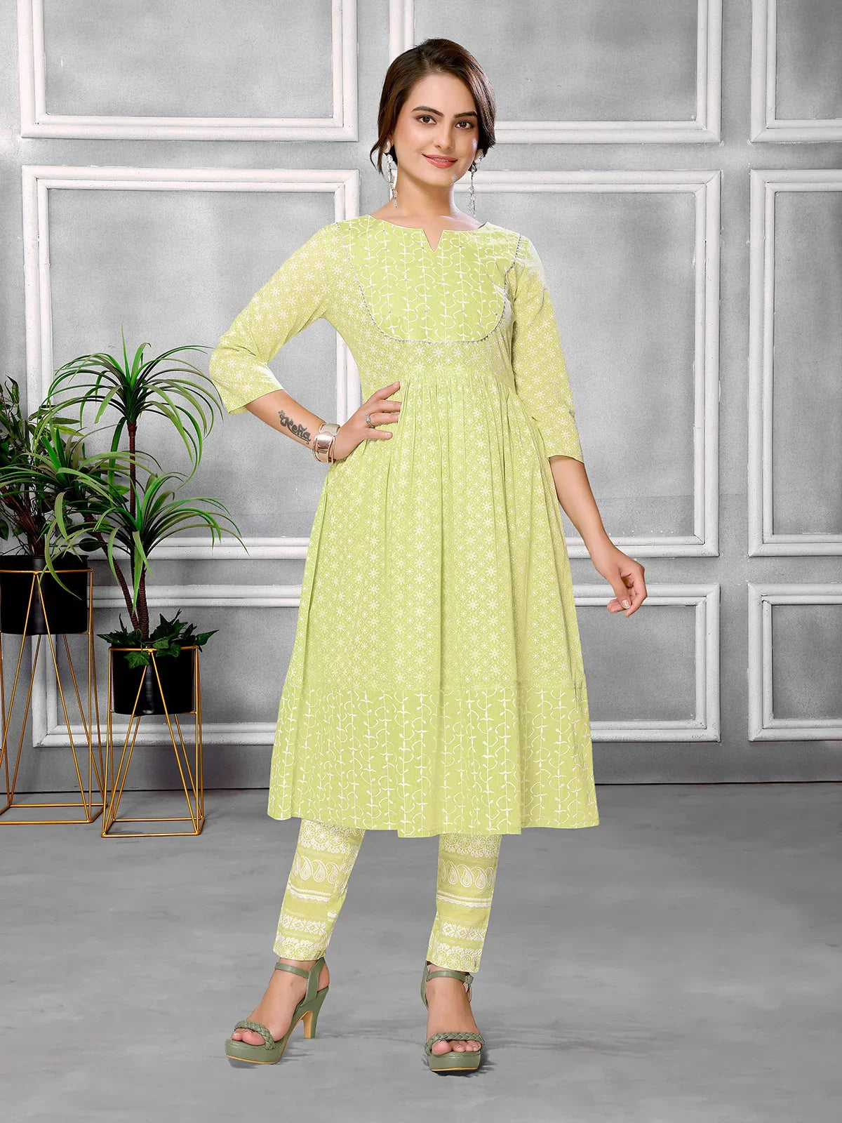 Cotton Sequined Calf Length Anarkali Kurta With Pant