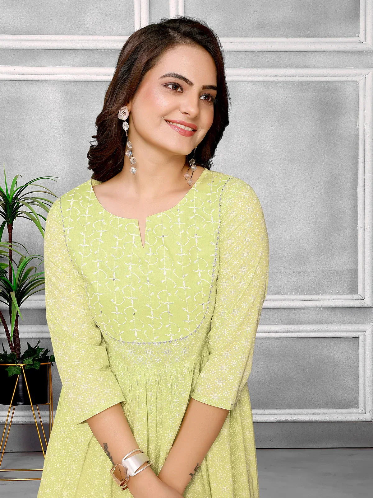 Cotton Sequined Calf Length Anarkali Kurta With Pant