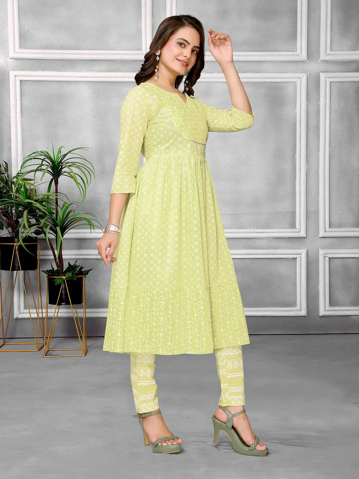 Cotton Sequined Calf Length Anarkali Kurta With Pant