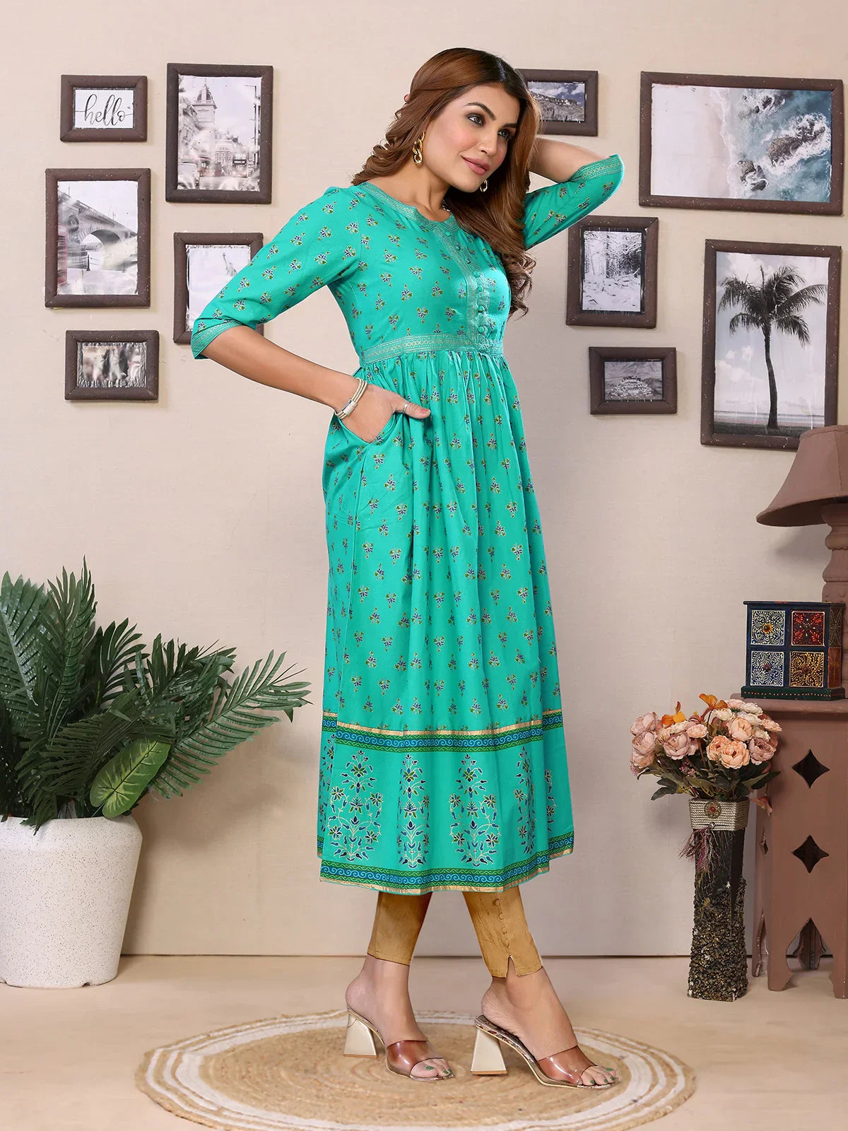 Cotton Printed Calf Length Flared Kurta