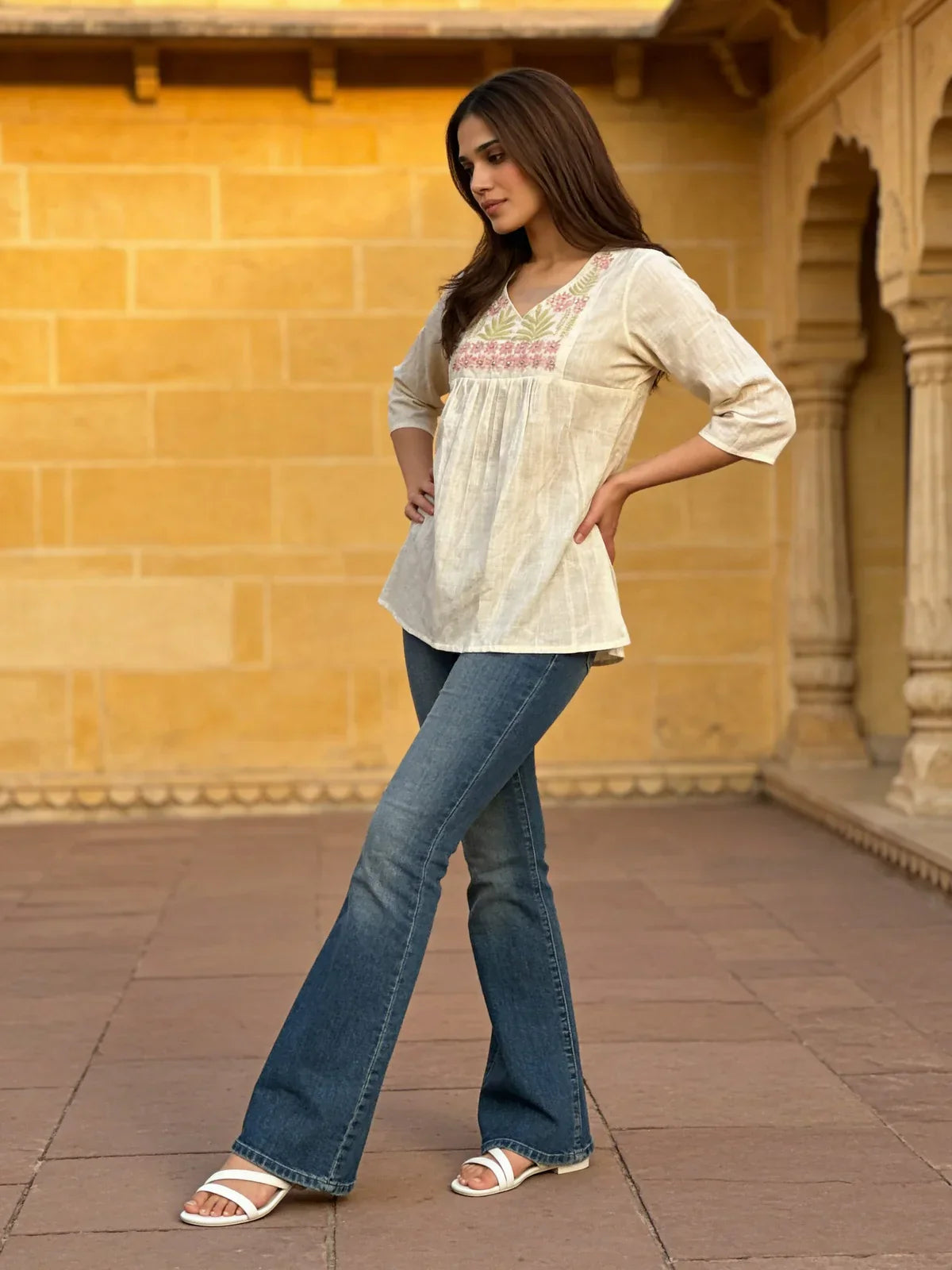Cotton Embroidered A-Line Knee Length Short Kurta