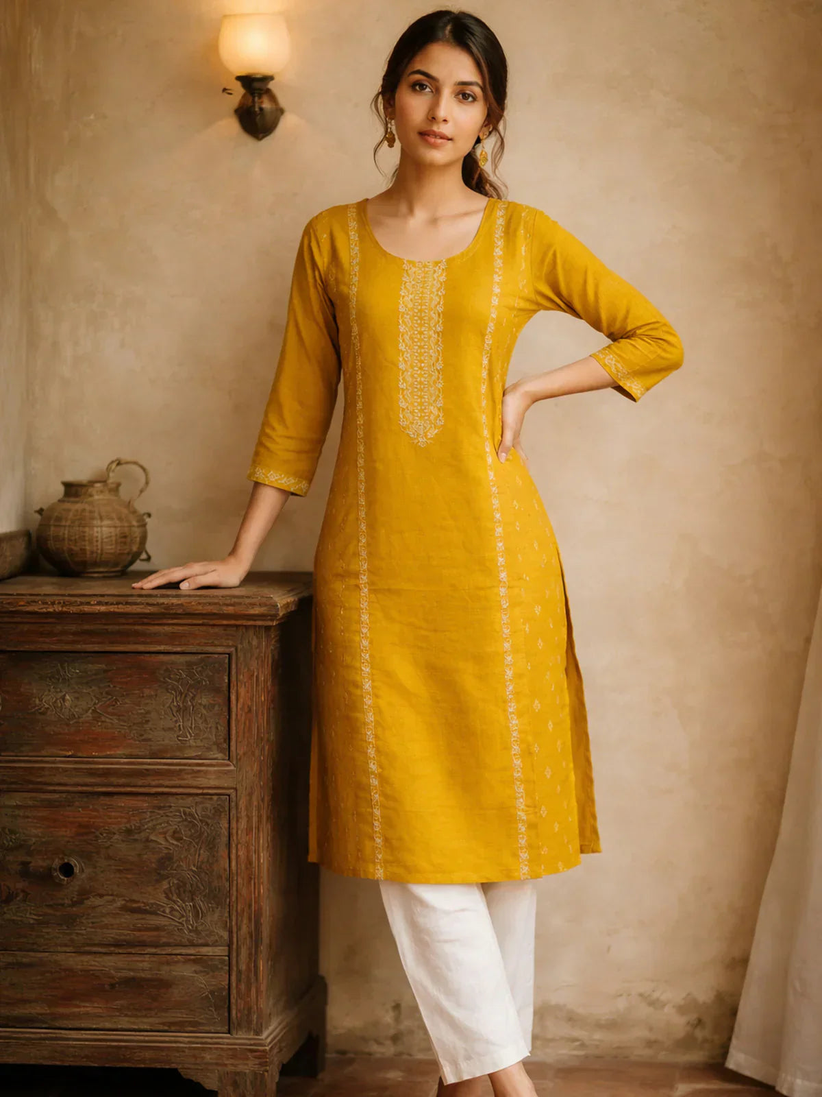 Poly Viscose Embroidered A-Line Calf Length Kurta