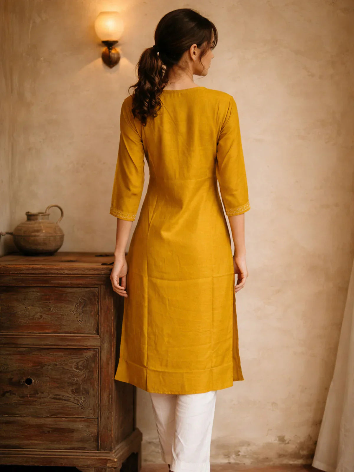 Poly Viscose Embroidered A-Line Calf Length Kurta