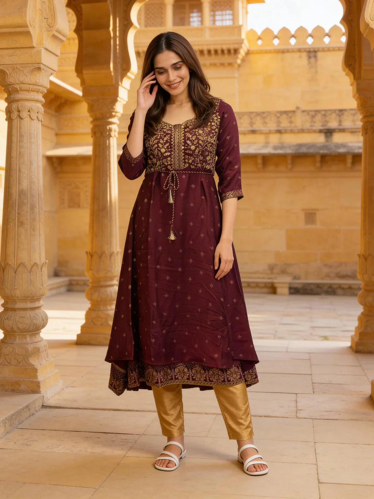 Poly Viscose Embroidered Layered Calf Length Kurta