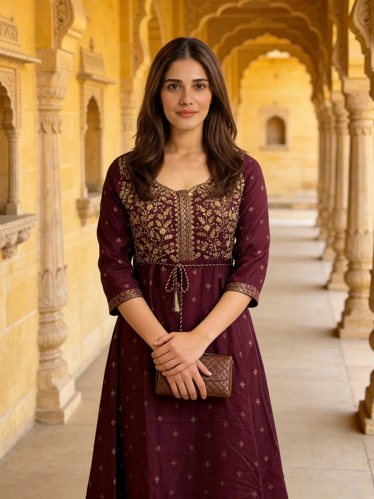Poly Viscose Embroidered Layered Calf Length Kurta