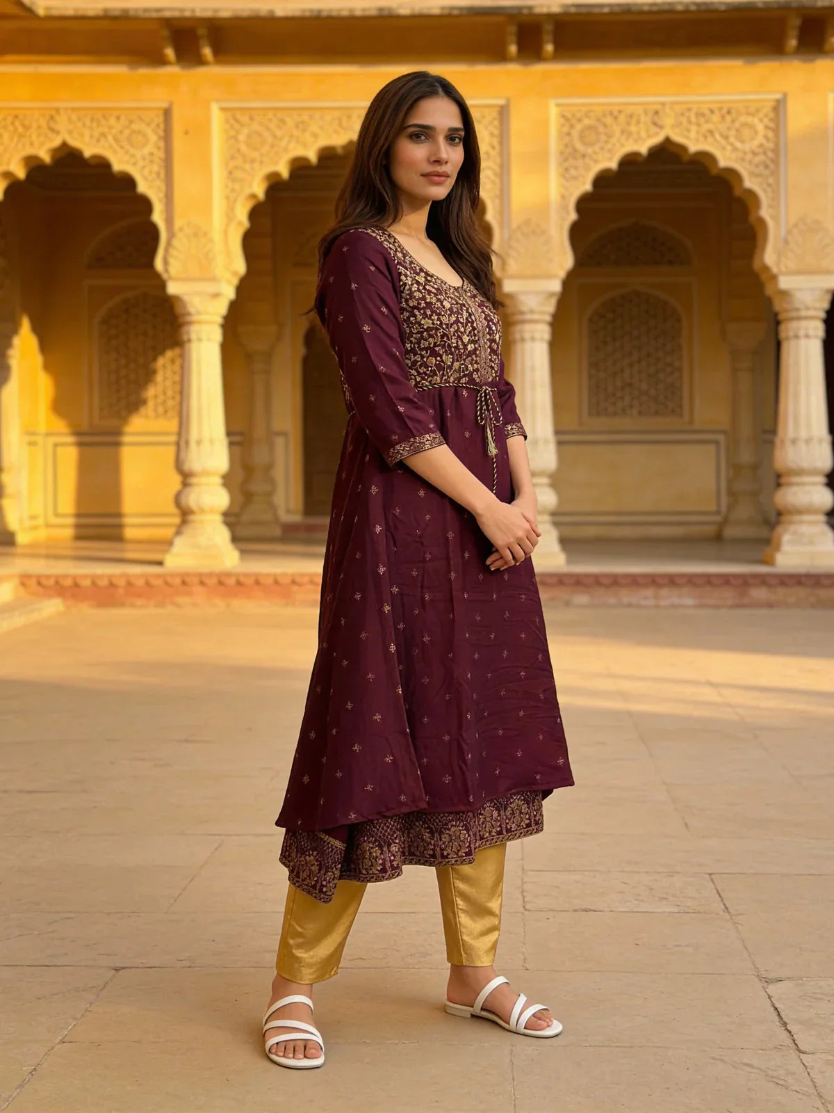 Poly Viscose Embroidered Layered Calf Length Kurta