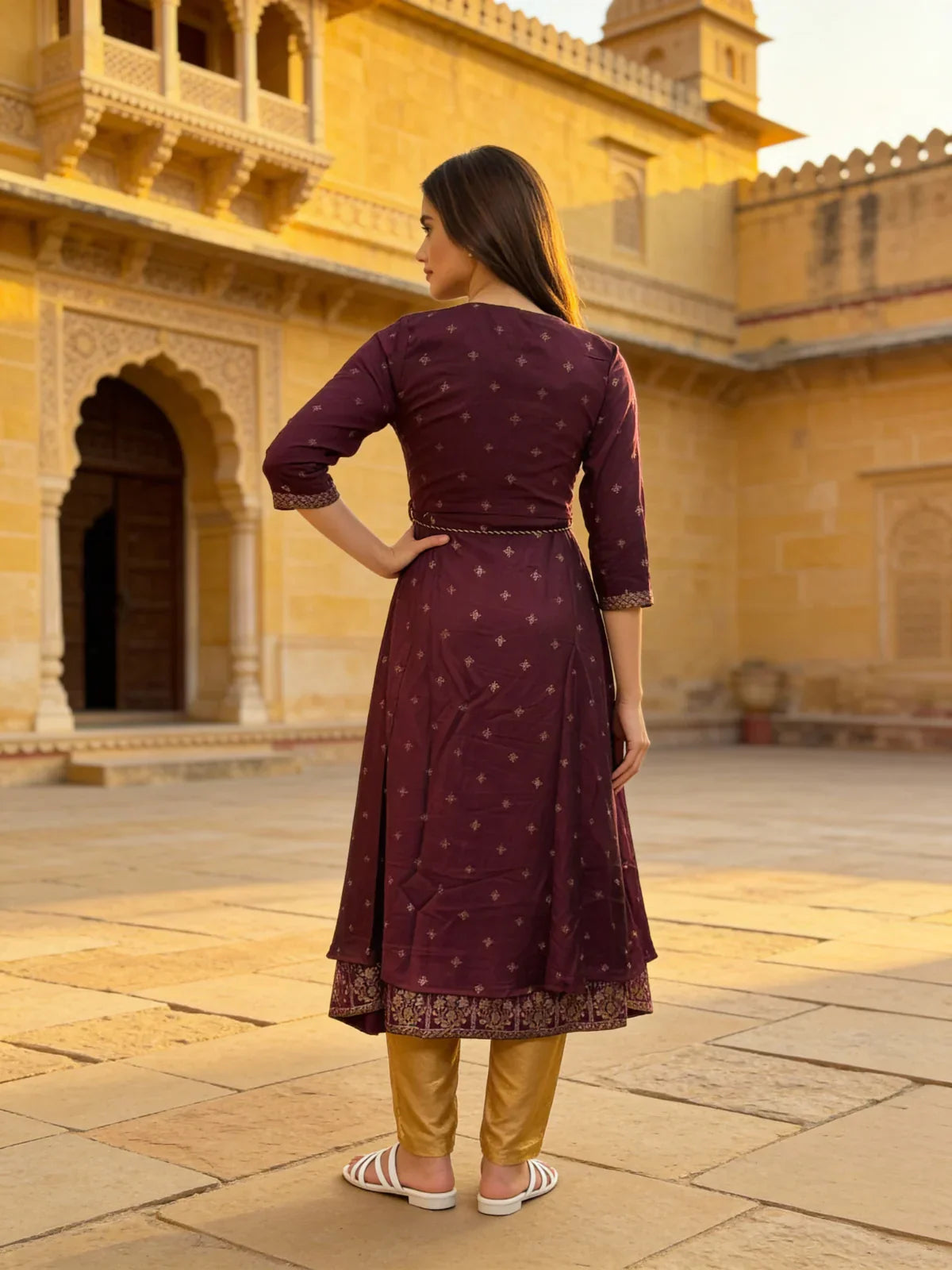 Poly Viscose Embroidered Layered Calf Length Kurta