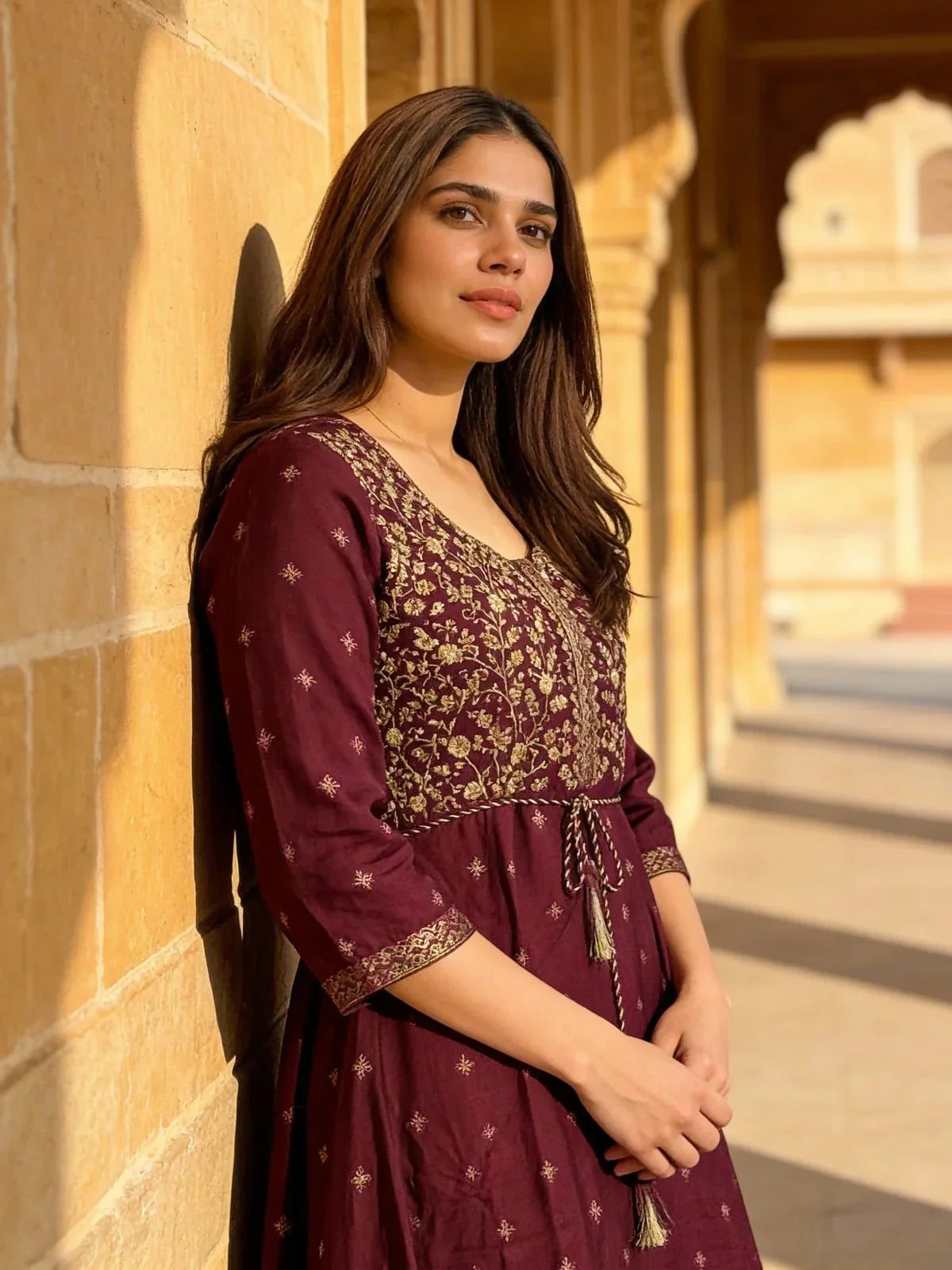 Poly Viscose Embroidered Layered Calf Length Kurta