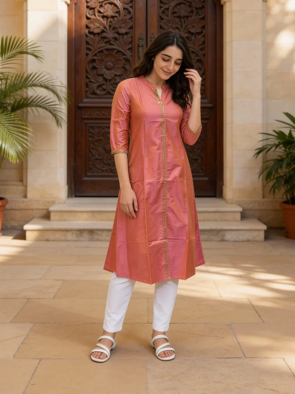 Polyester Embroidered A-line Calf Length Kurta