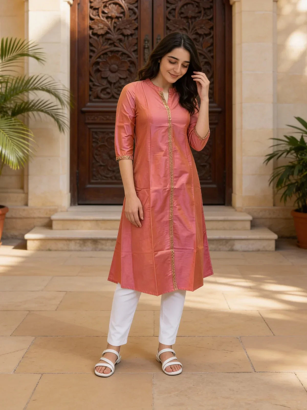 Polyester Embroidered A-line Calf Length Kurta
