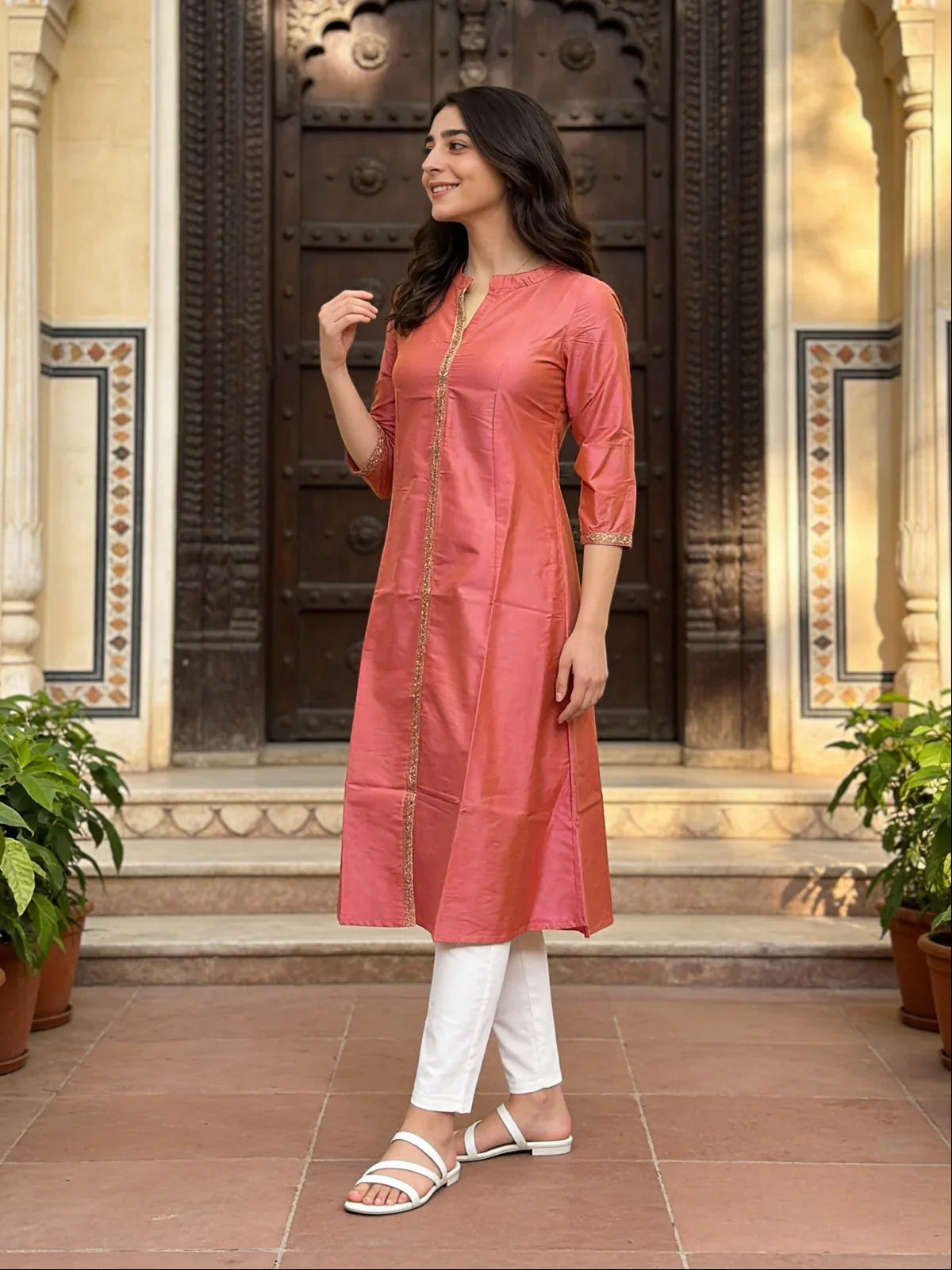 Polyester Embroidered A-line Calf Length Kurta