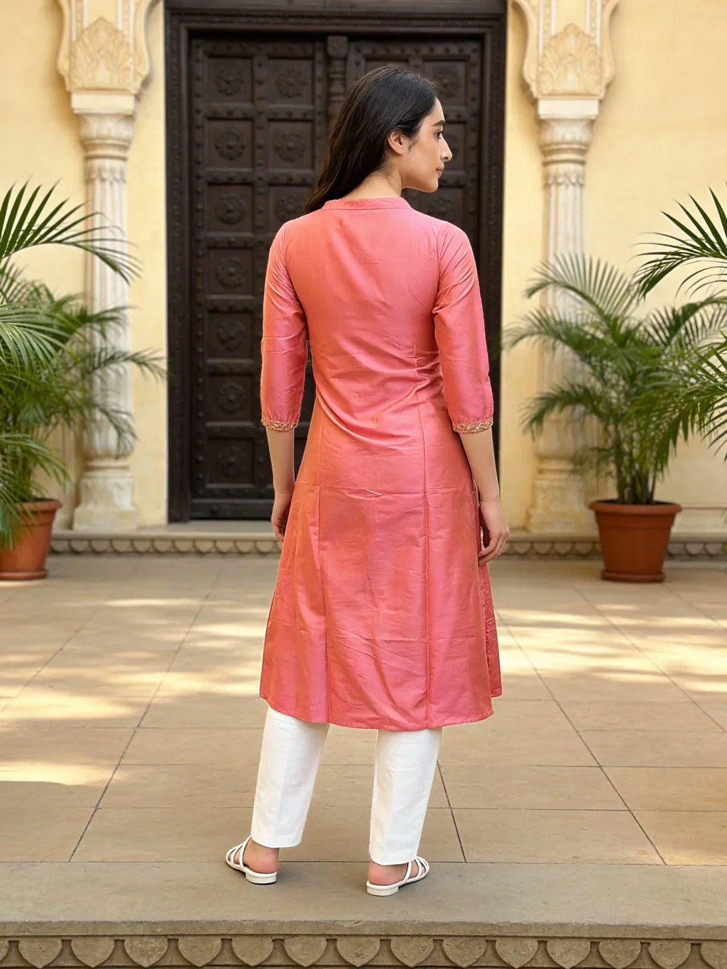 Polyester Embroidered A-line Calf Length Kurta