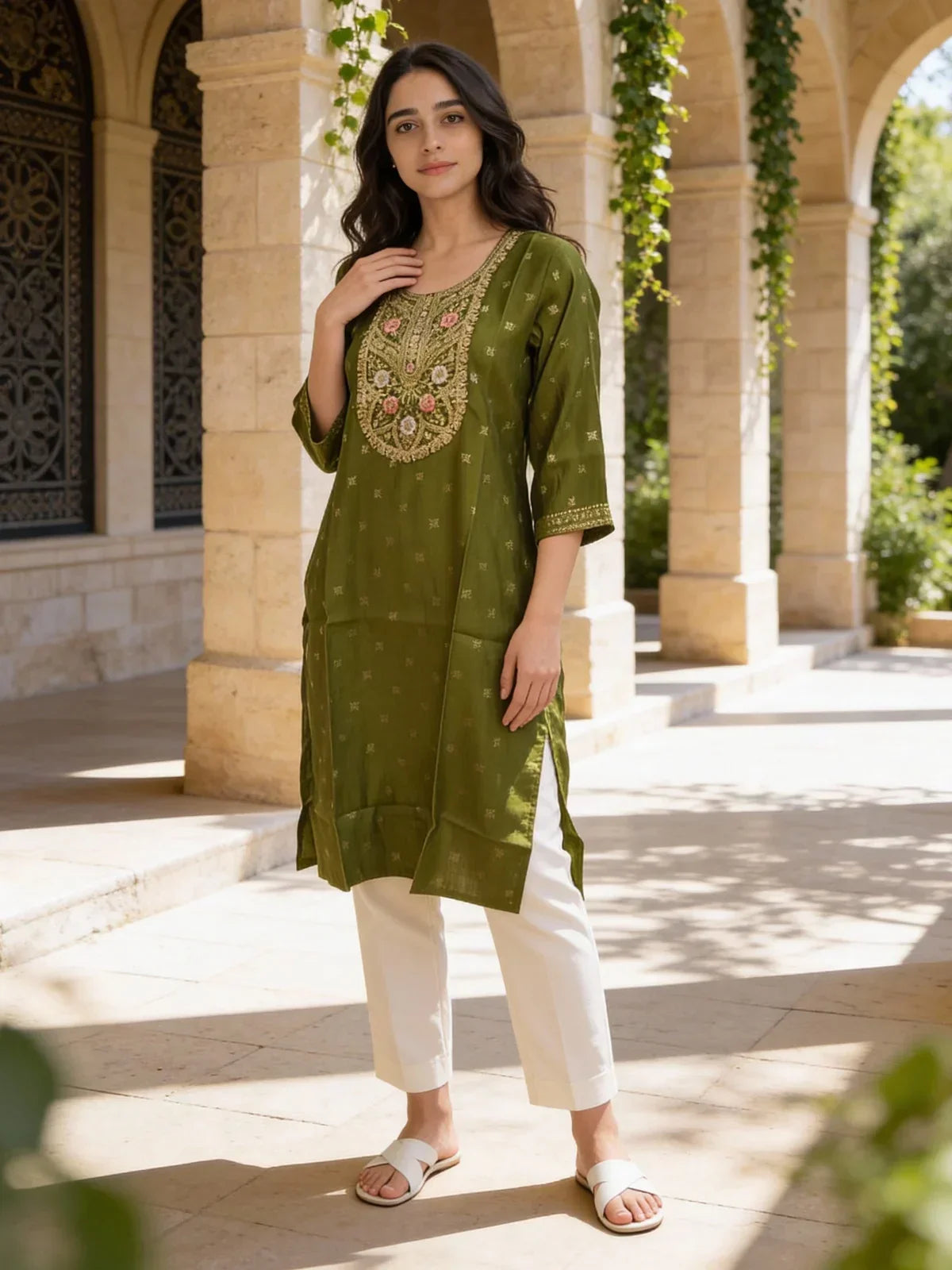 Poly Viscose Embroidered Straight Calf Length Kurta