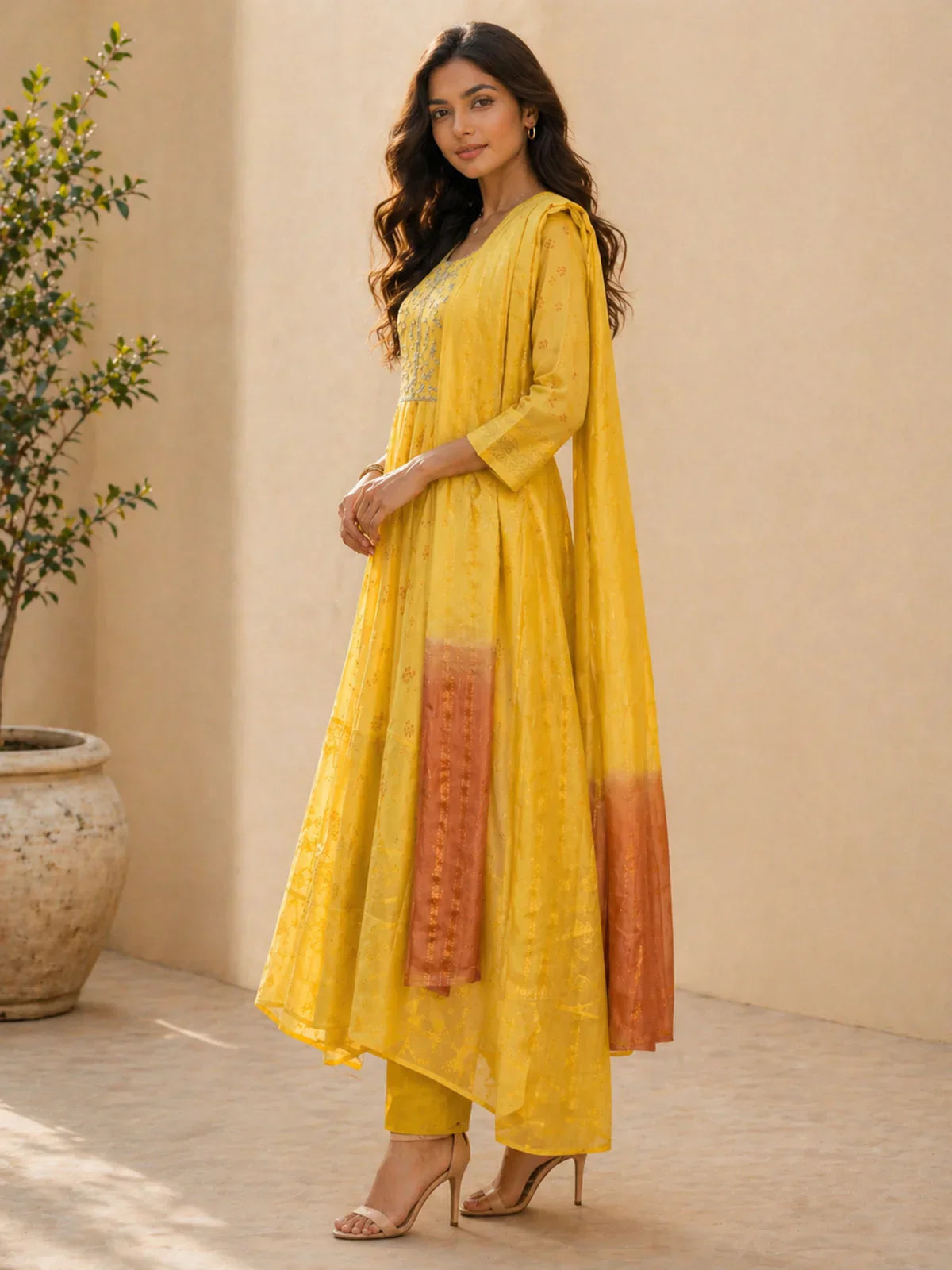 Chanderi Embroidered Anarkali Calf Length Kurta With Pant and Dupatta