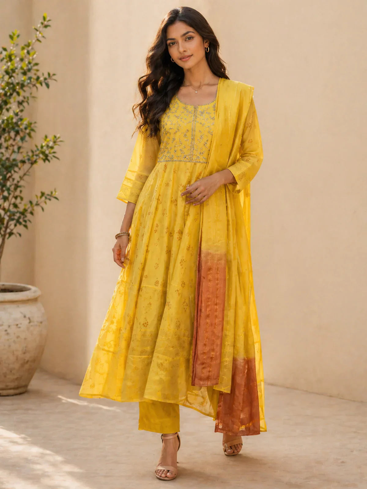 Chanderi Embroidered Anarkali Calf Length Kurta With Pant and Dupatta