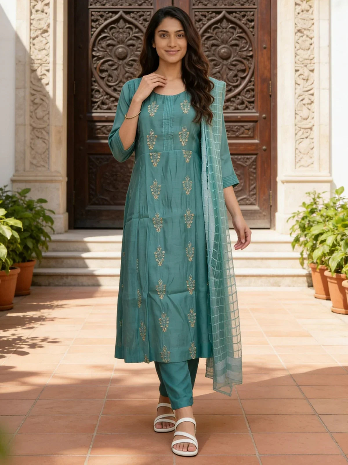 Chanderi Embroidered Anarkali Calf Length Kurta With Pant and Dupatta