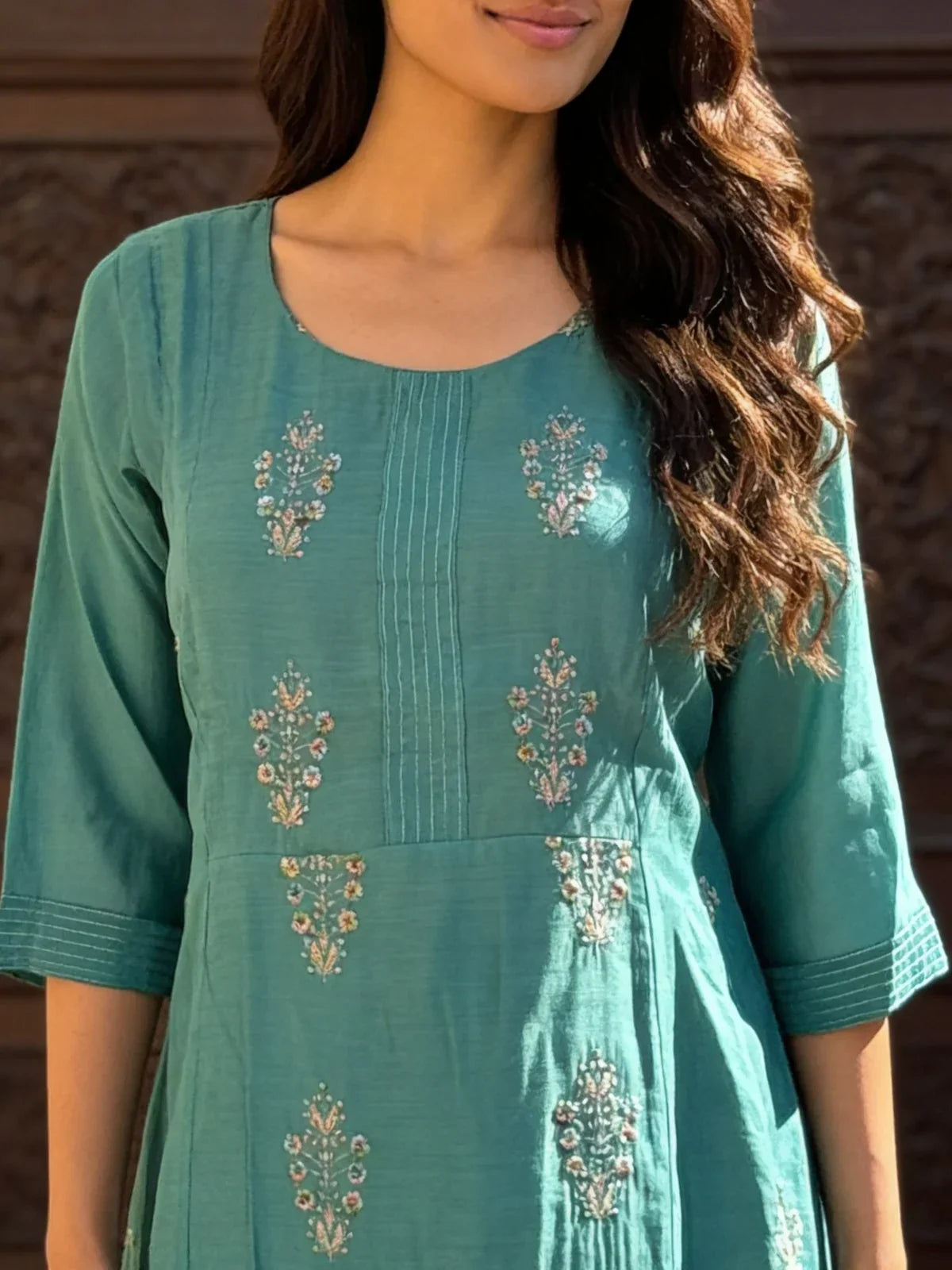 Chanderi Embroidered Anarkali Calf Length Kurta With Pant and Dupatta