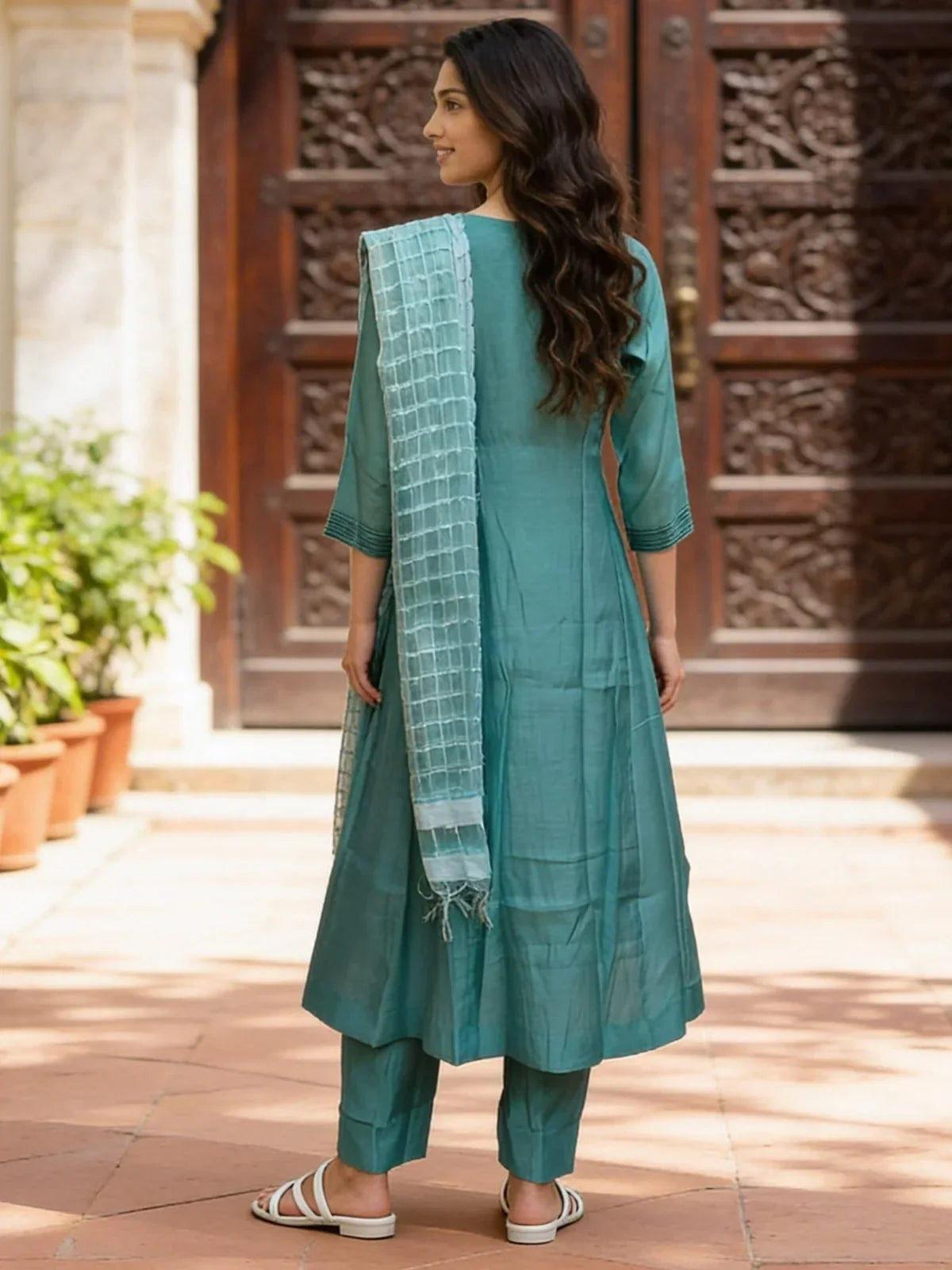 Chanderi Embroidered Anarkali Calf Length Kurta With Pant and Dupatta