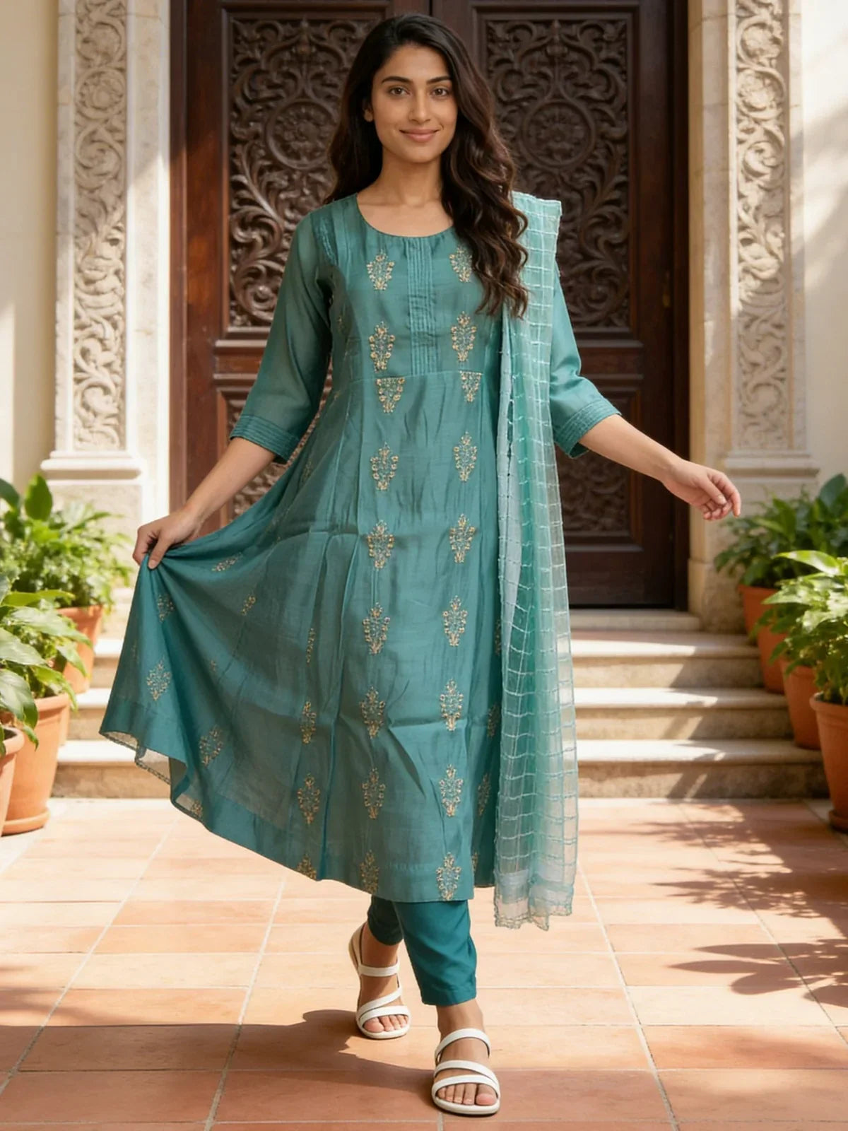 Chanderi Embroidered Anarkali Calf Length Kurta With Pant and Dupatta