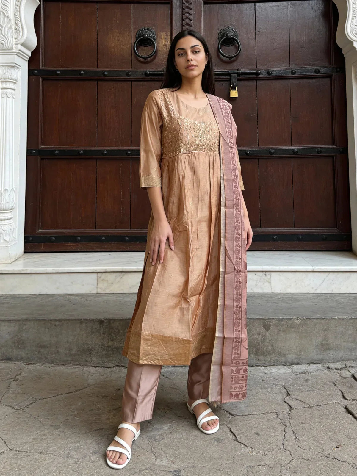 Poly Viscose Embroidered Anarkali Calf Length Kurta and Pant With Dupatta