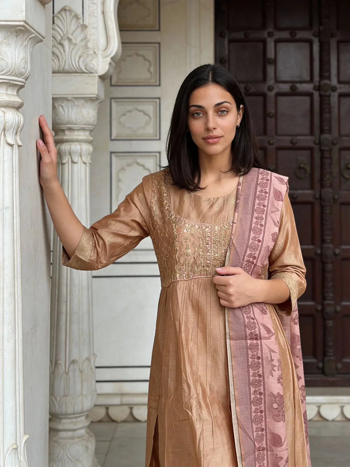 Poly Viscose Embroidered Anarkali Calf Length Kurta and Pant With Dupatta