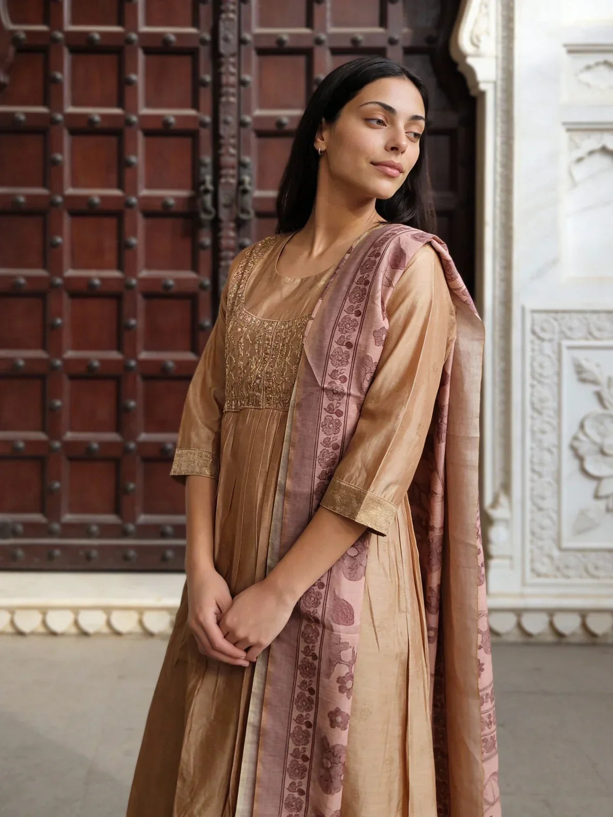 Poly Viscose Embroidered Anarkali Calf Length Kurta and Pant With Dupatta