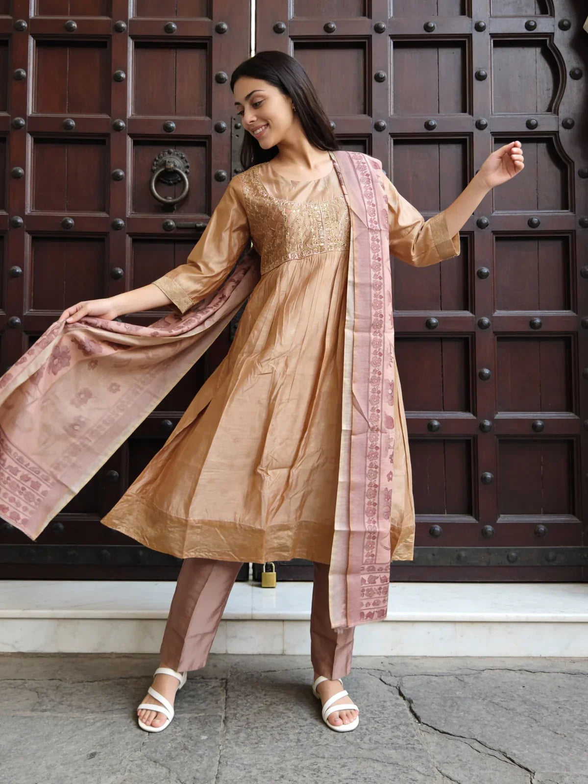 Poly Viscose Embroidered Anarkali Calf Length Kurta and Pant With Dupatta