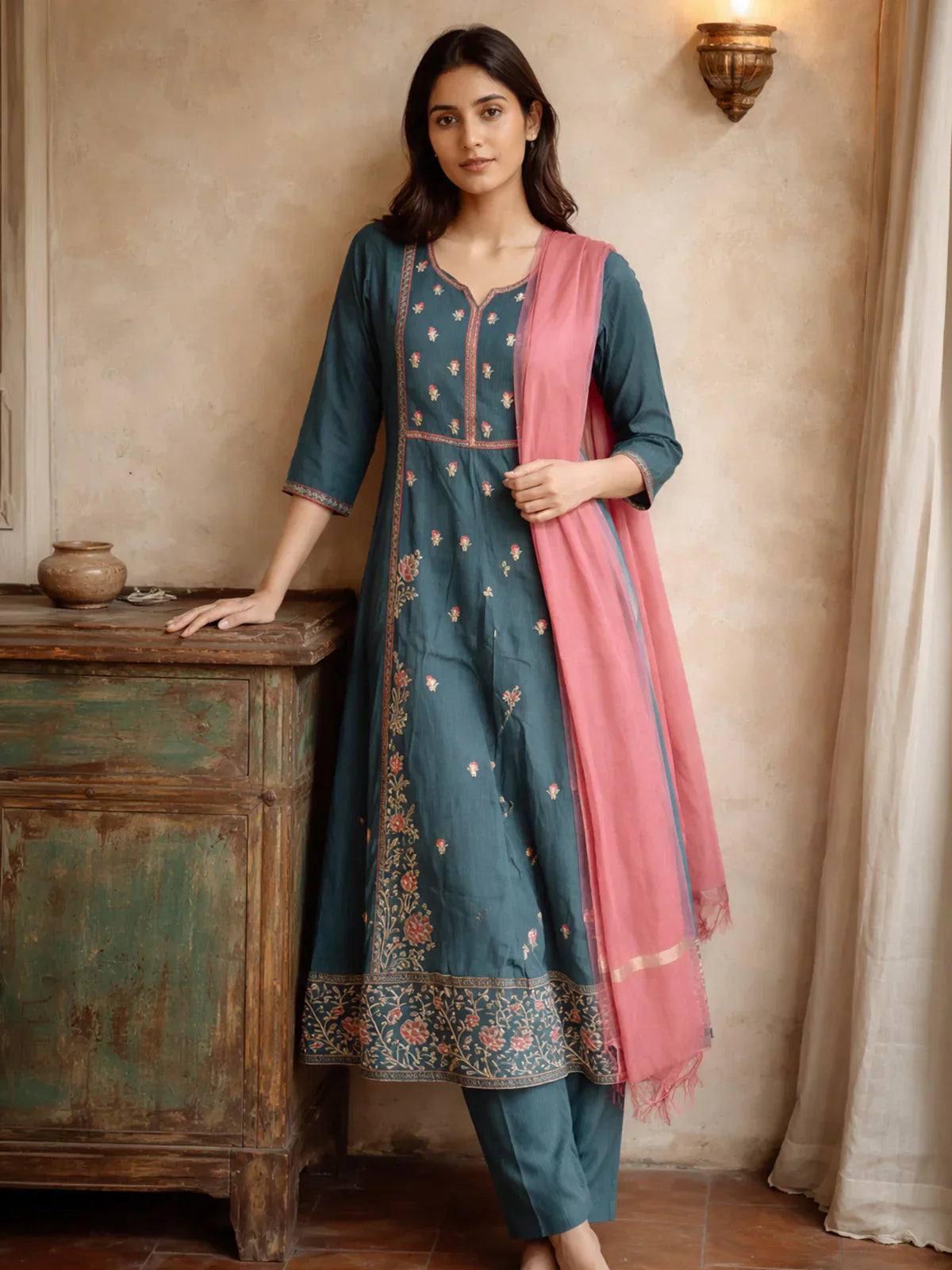 Poly Viscose Embroidered Anarkali Calf Length Kurta with Pant and Dupatta