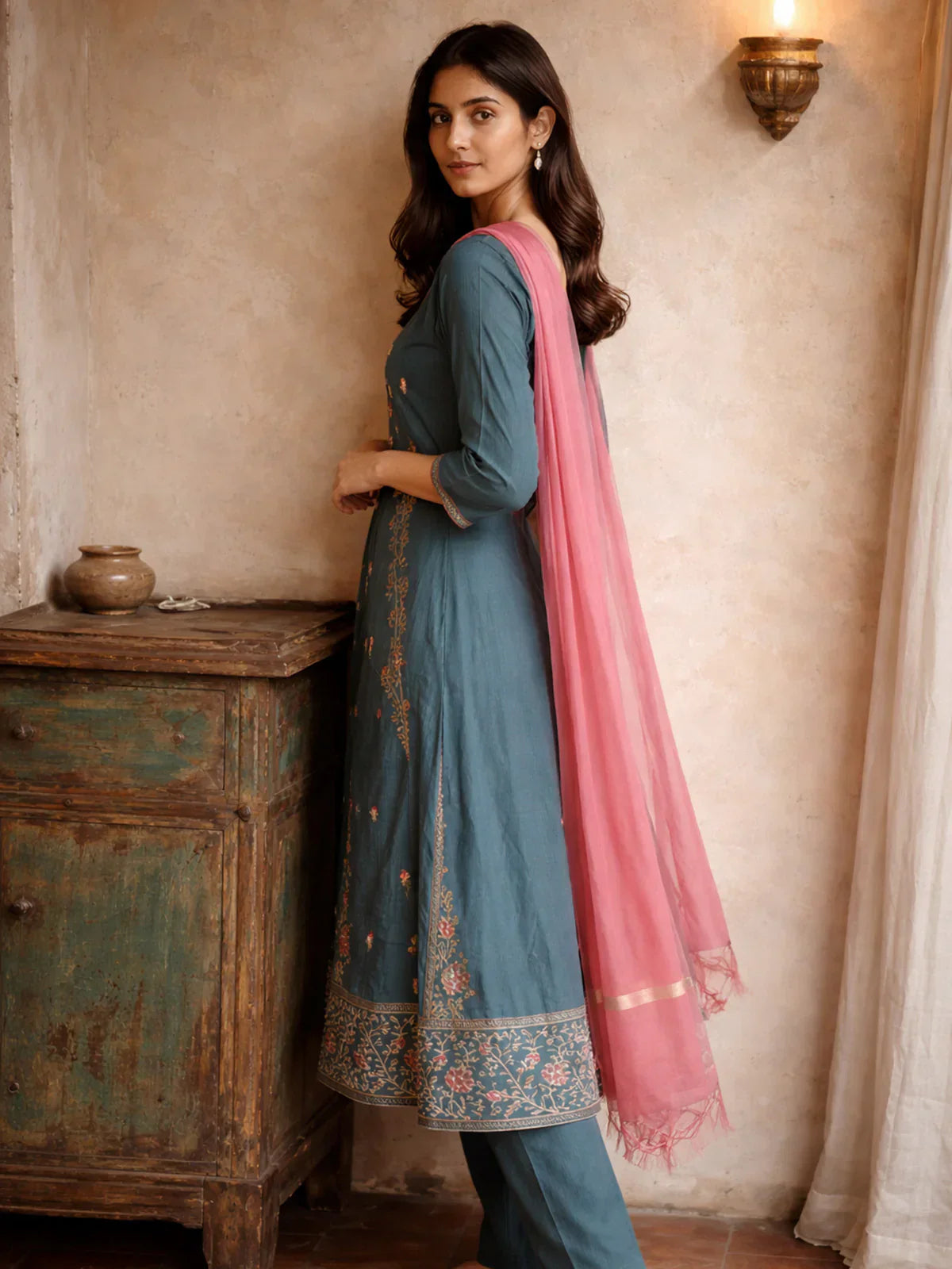 Poly Viscose Embroidered Anarkali Calf Length Kurta with Pant and Dupatta