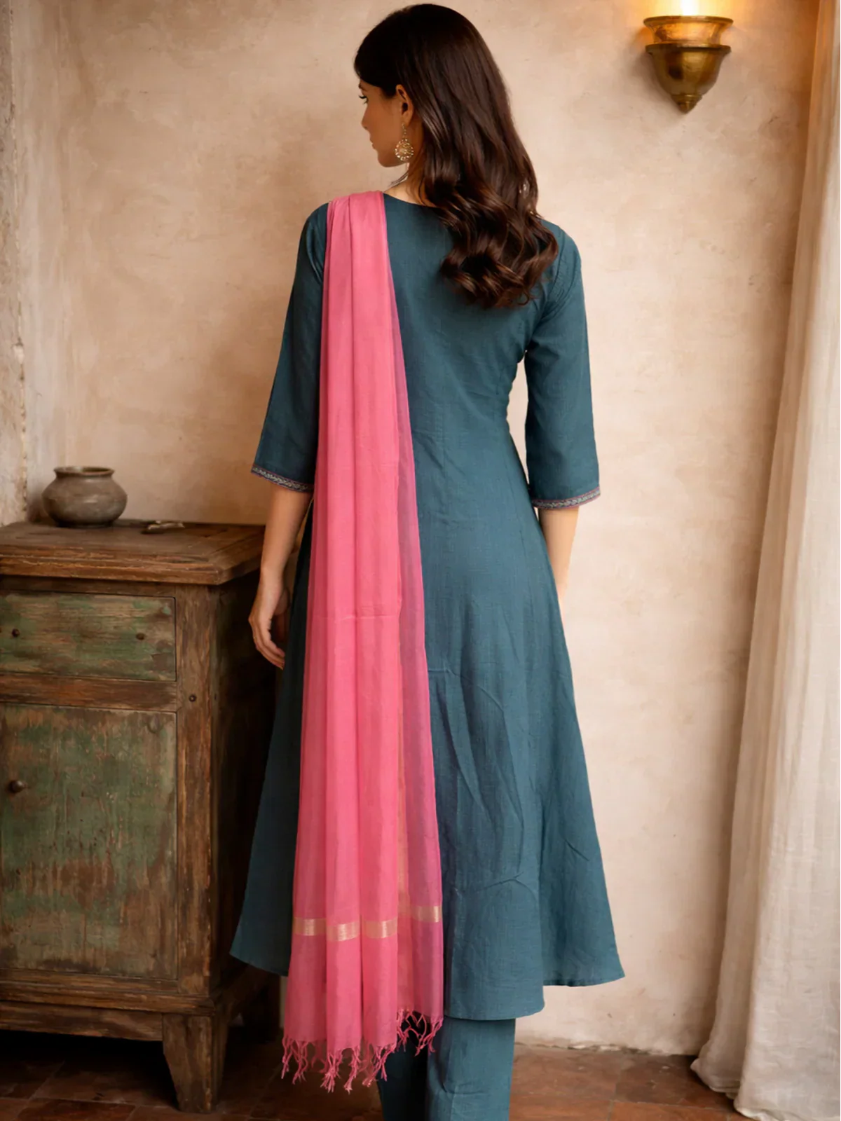 Poly Viscose Embroidered Anarkali Calf Length Kurta with Pant and Dupatta