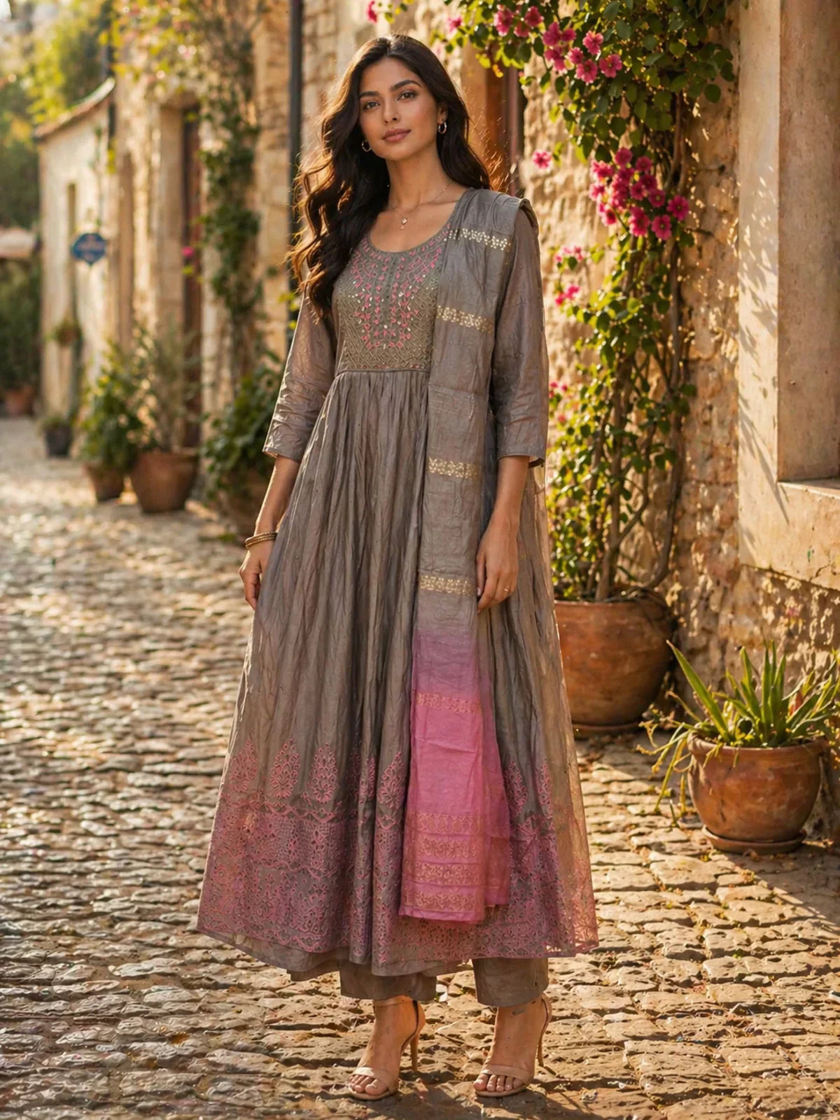 Viscose Embroidered Anarkali Calf Length Kurta With Pant and Dupatta