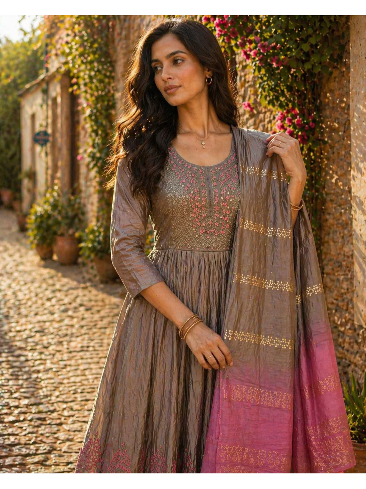 Viscose Embroidered Anarkali Calf Length Kurta With Pant and Dupatta