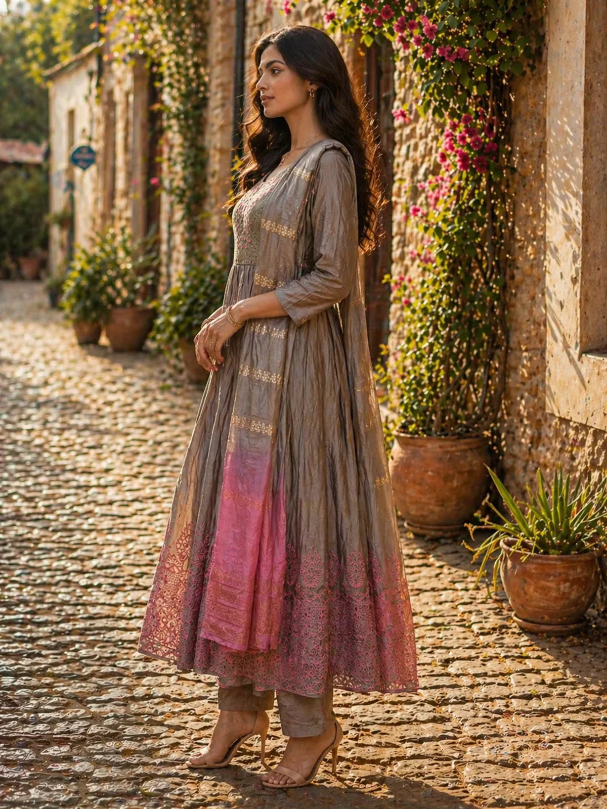 Viscose Embroidered Anarkali Calf Length Kurta With Pant and Dupatta