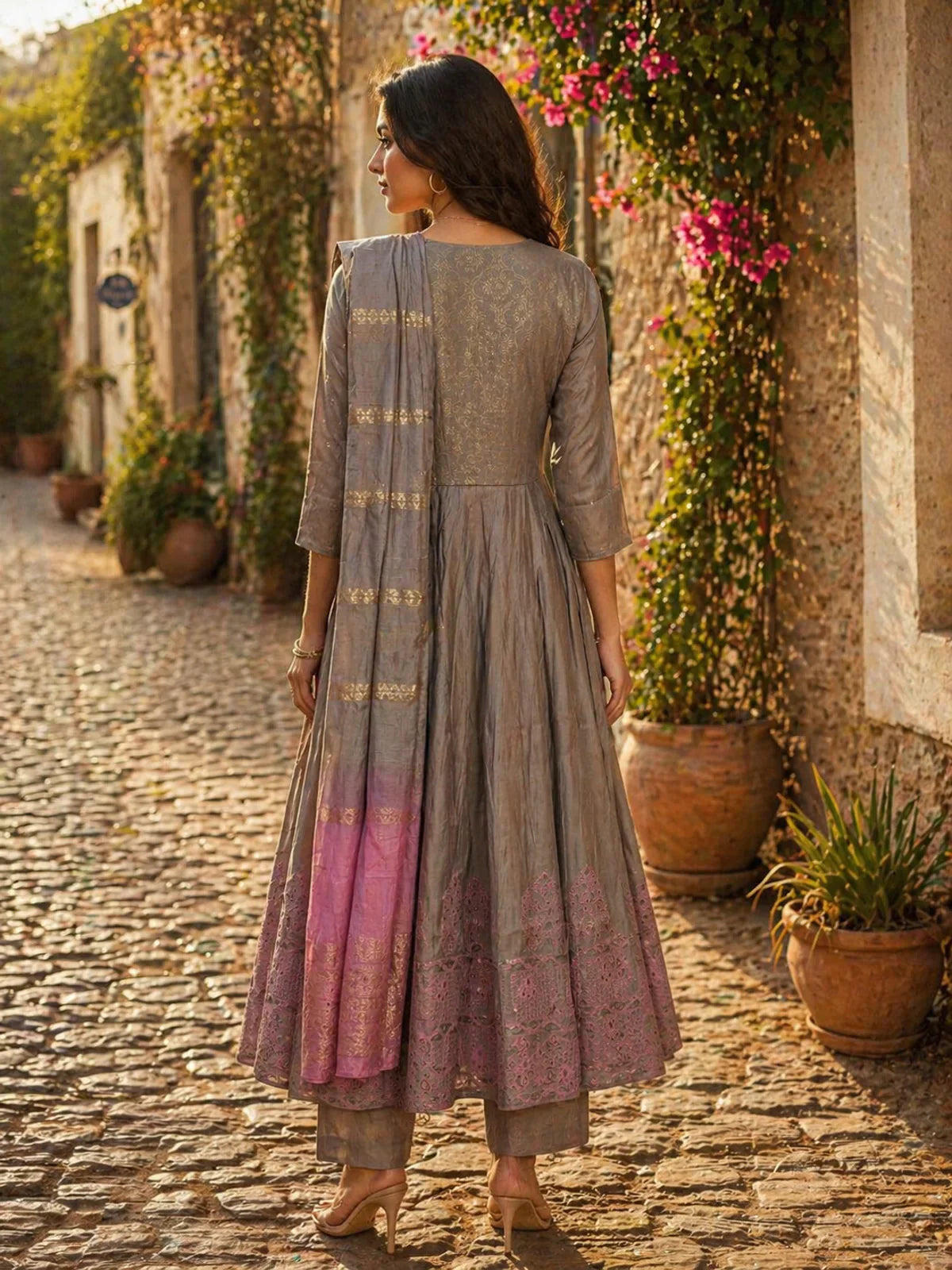 Viscose Embroidered Anarkali Calf Length Kurta With Pant and Dupatta